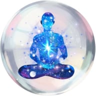 Person sitting in lotus position blue light beams projecting outward